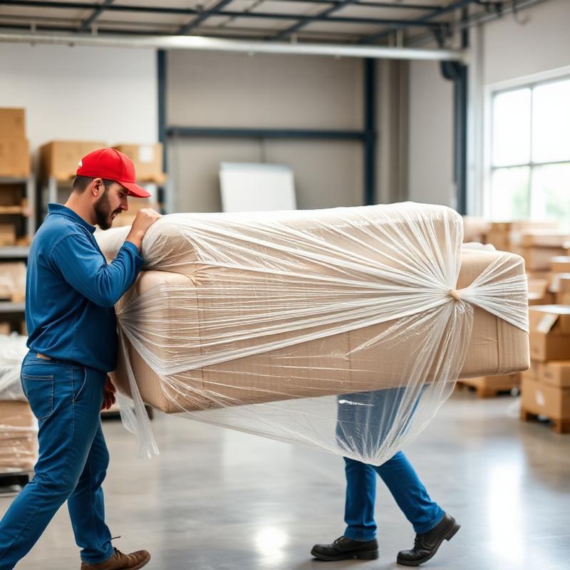 Movers wrapping a sofa for safe transport